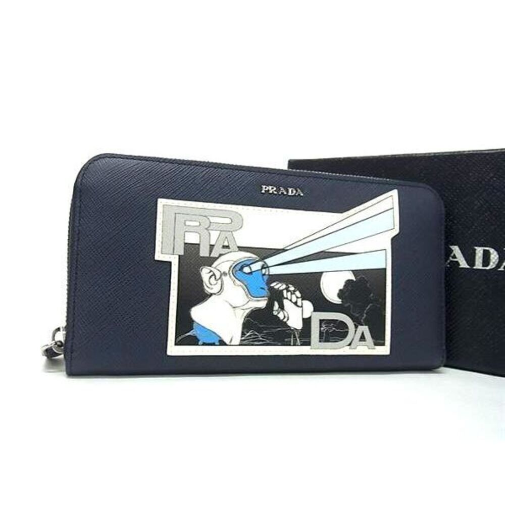 PRADA Comic Saffiano Leather Round Zip Long Wallet Navy Blue